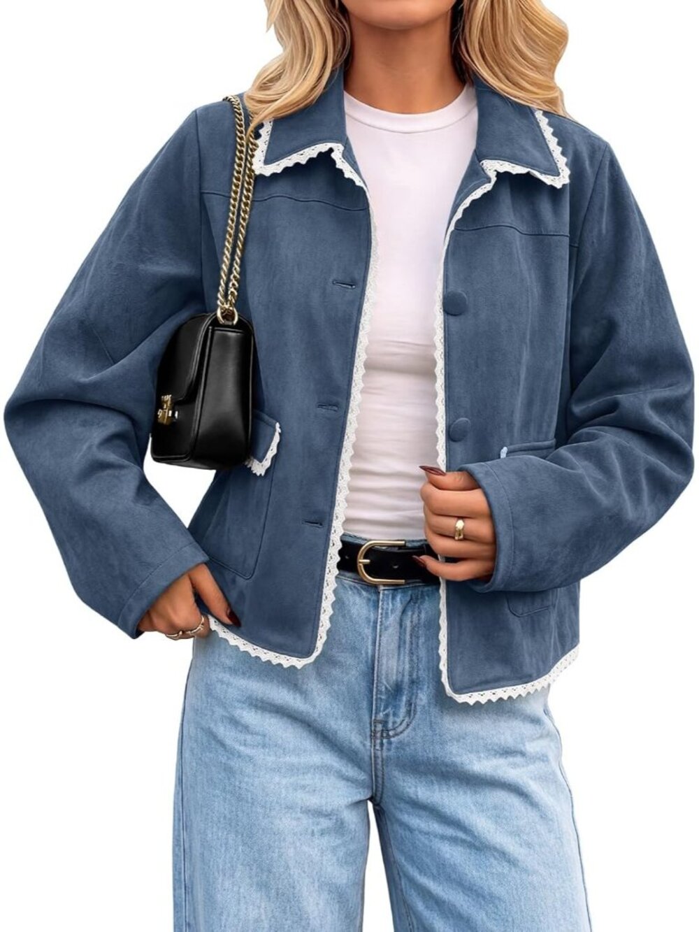 Women's Navy Faux Suede Button Down Jacket Vintage Lace Trim Casual Coat